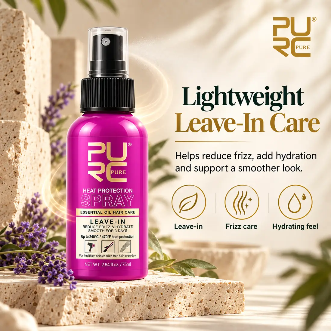 PURC Heat Protection Spray for blow drying straightening and heat styling routines