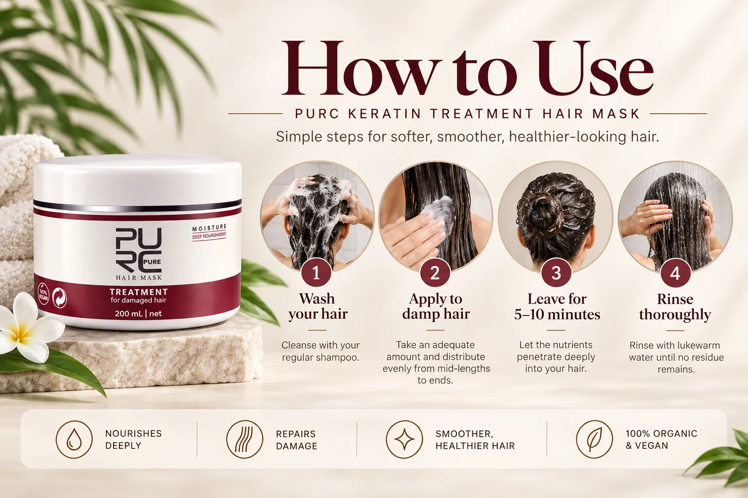 How to use PURC Keratin Treatment Hair Mask on damp hair for deep conditioning