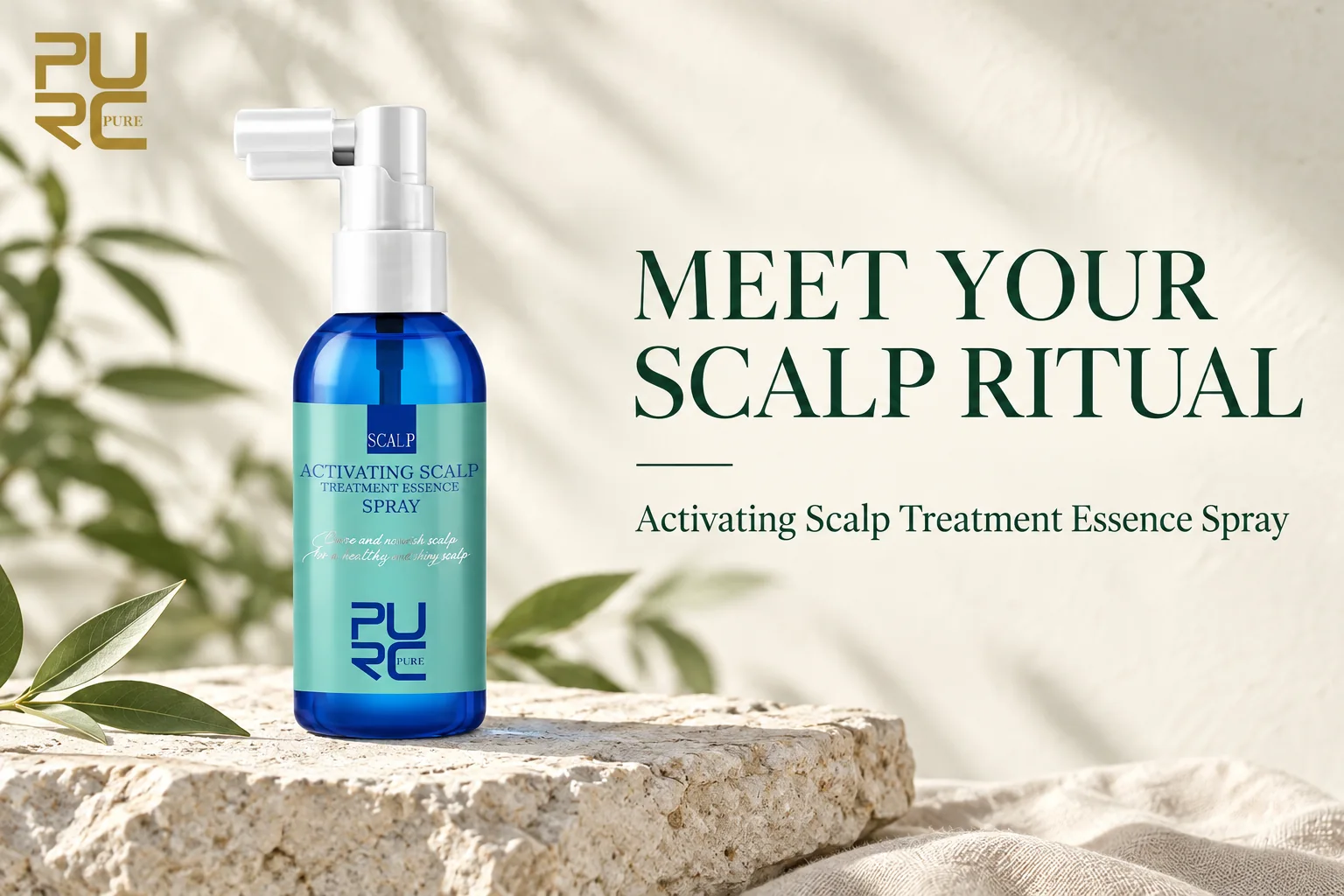 PURC Activating Scalp Treatment Essence Spray on a stone surface for a daily scalp care ritual