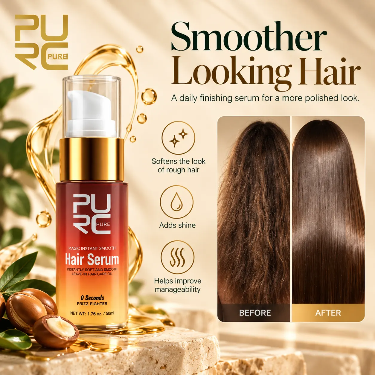 PURC Hair Smoothing Serum before and after for smoother shinier looking hair