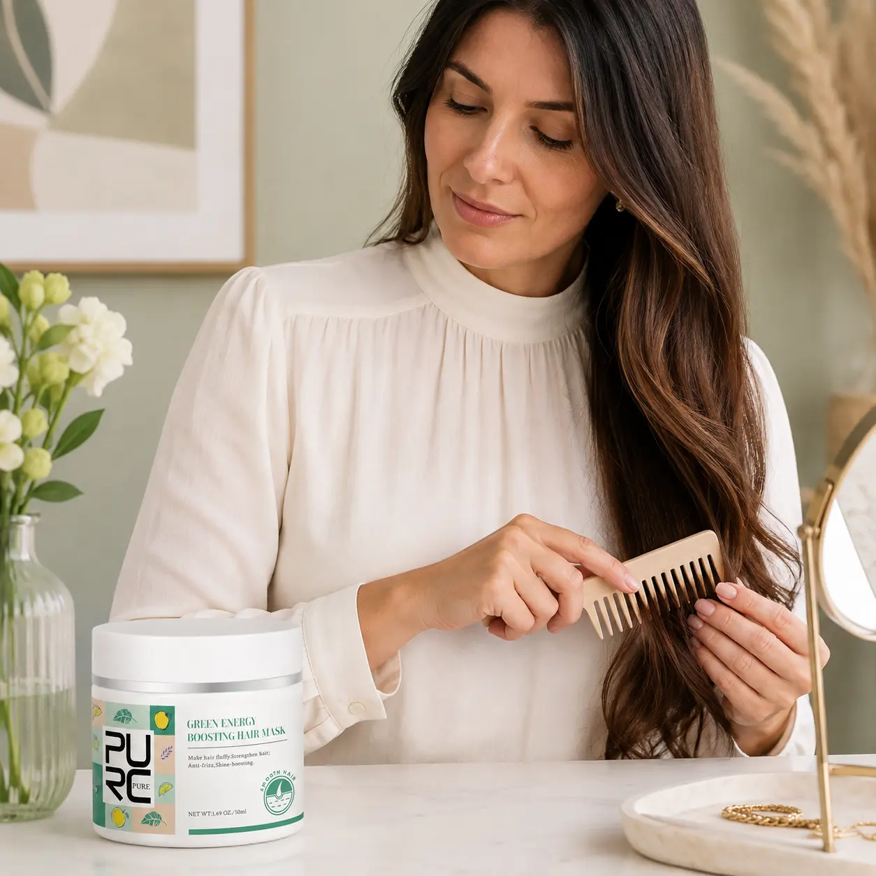 Woman gently detangling hair ends after using a conditioning hair mask