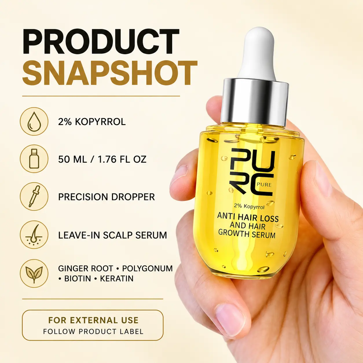 PURC hair growth serum product snapshot showing 2 percent Kopyrrol 50ml size and precision dropper
