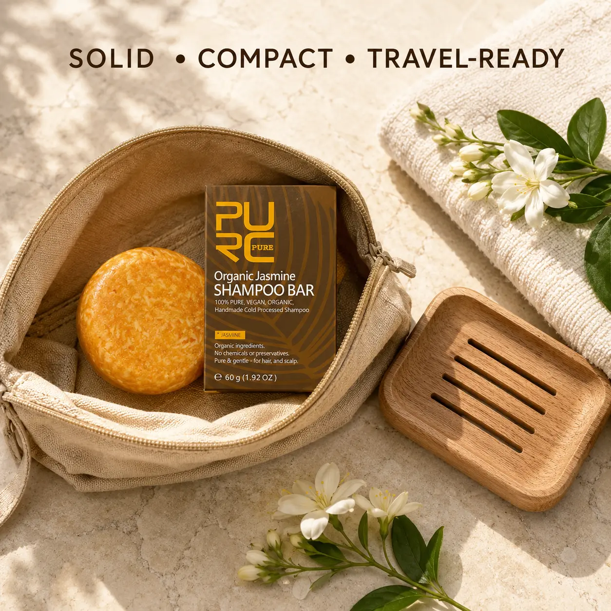 Compact PURC Jasmine Shampoo Bar for travel hair care