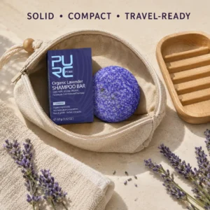 Compact PURC Lavender Shampoo Bar for travel hair care