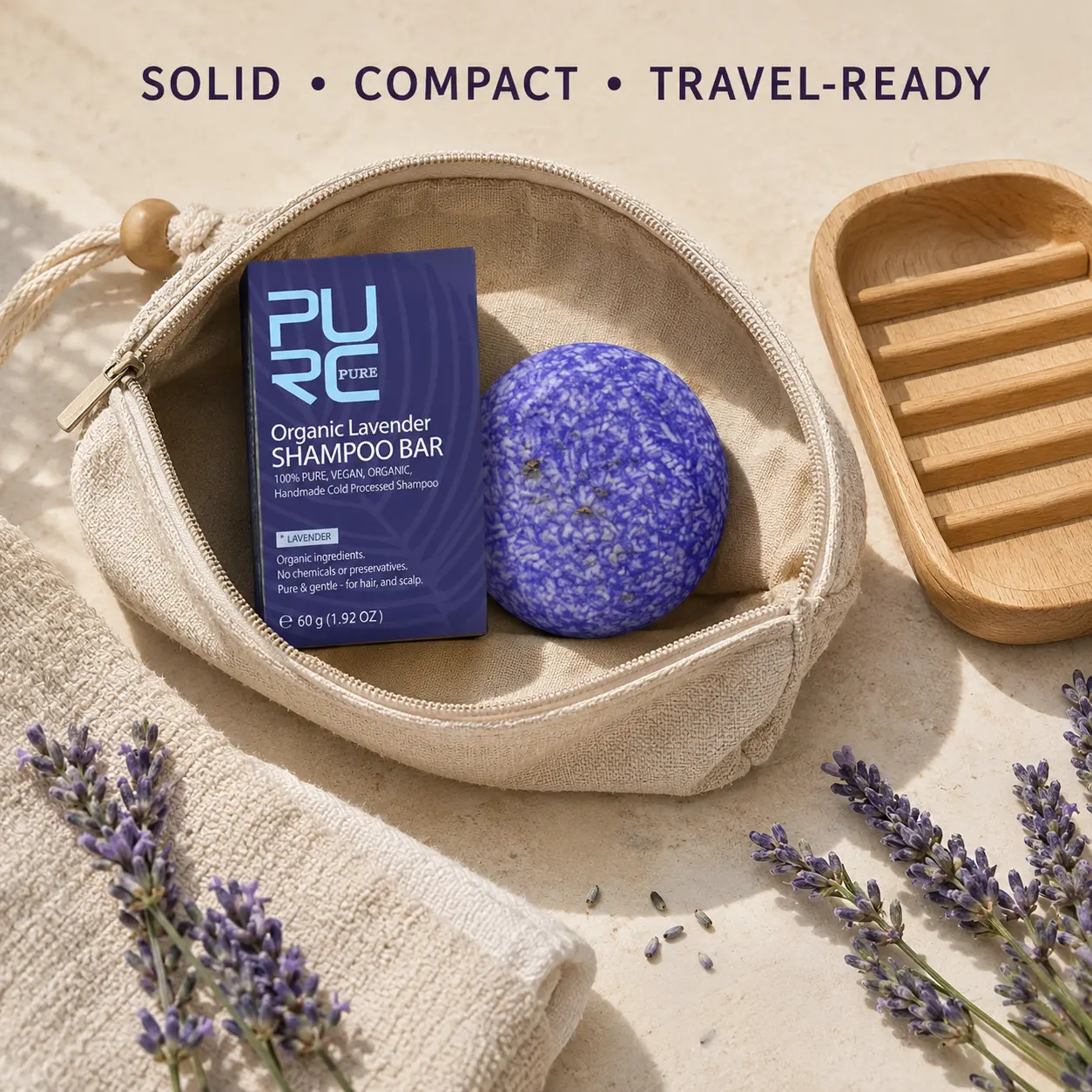 Compact PURC Lavender Shampoo Bar for travel hair care