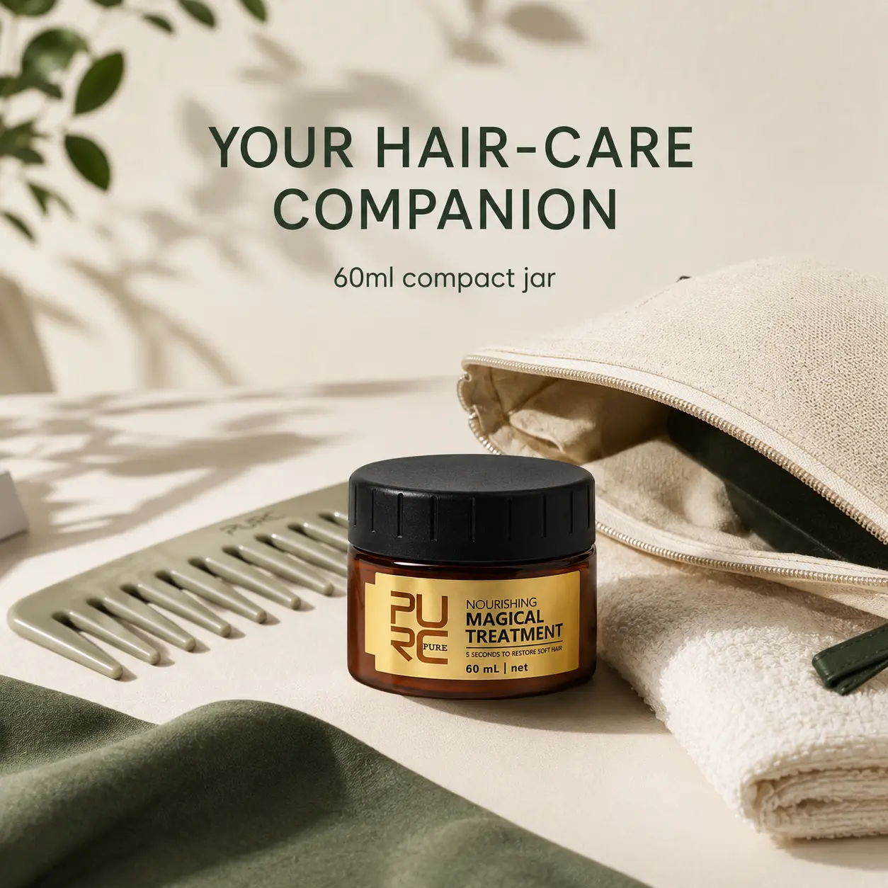PURC Magical Treatment Hair Mask 60ml with a cosmetic pouch, towel and wide-tooth comb