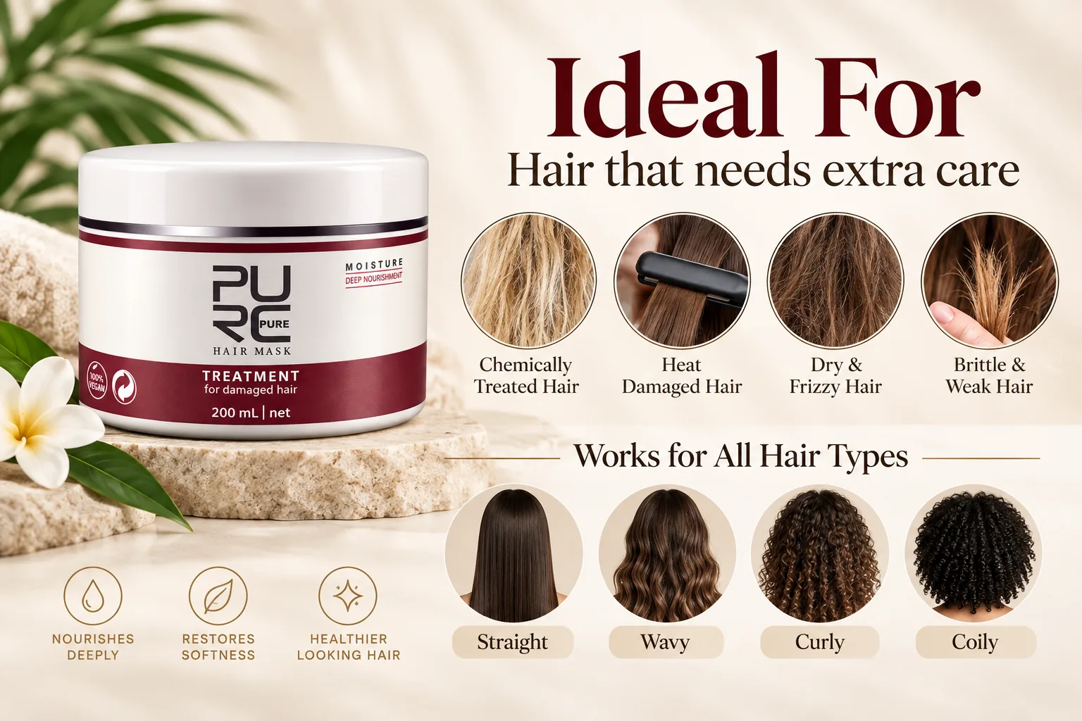 PURC Keratin Hair Mask for chemically treated heat damaged dry frizzy and weak hair