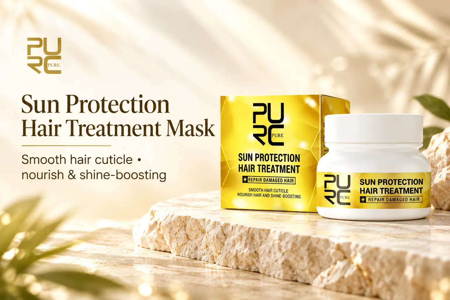 PURC Sun Protection Hair Treatment Mask description banner for smooth hair cuticle and shine