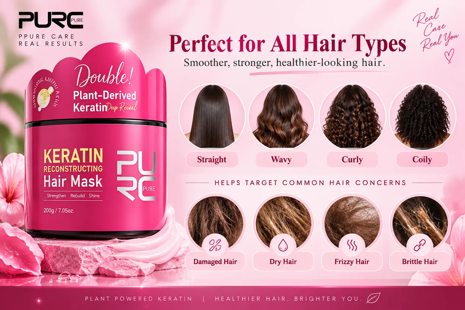 PURC Keratin Hair Mask for straight wavy curly coily dry damaged and frizzy hair