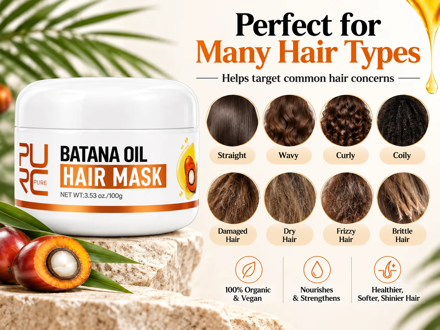 PURC Batana Oil Hair Mask for straight wavy curly coily dry damaged and frizzy hair