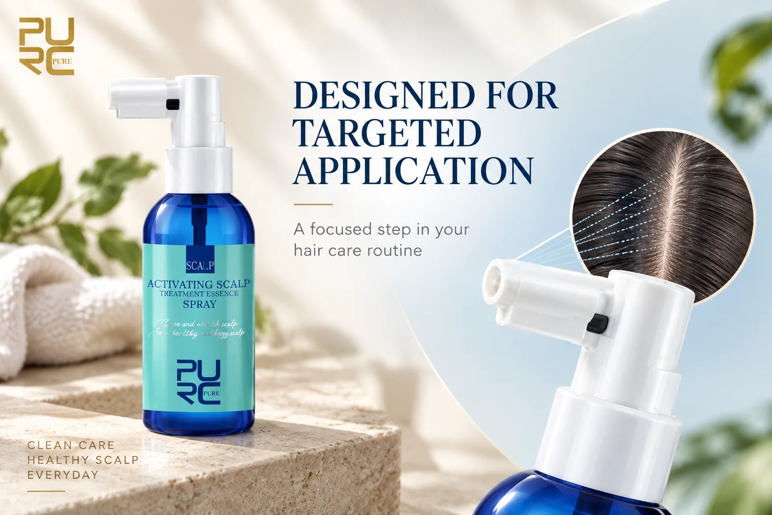 PURC scalp treatment spray with targeted nozzle for applying essence near the scalp