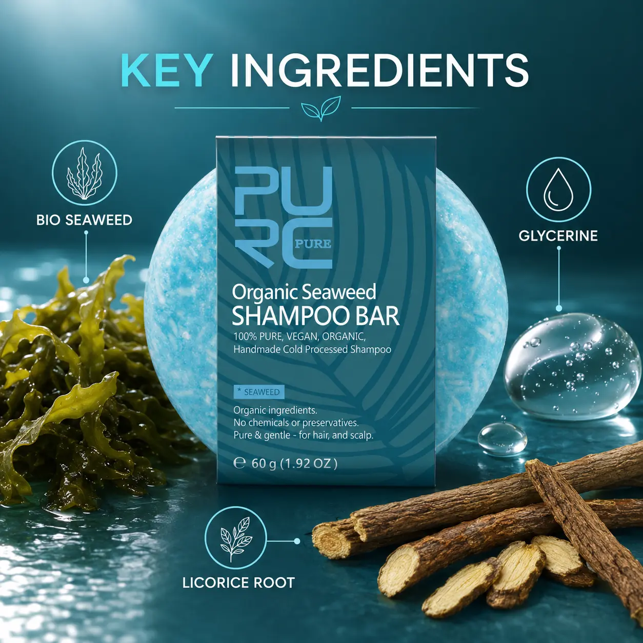 PURC Bio Seaweed Shampoo Bar ingredient graphic featuring bio seaweed, glycerine and licorice root