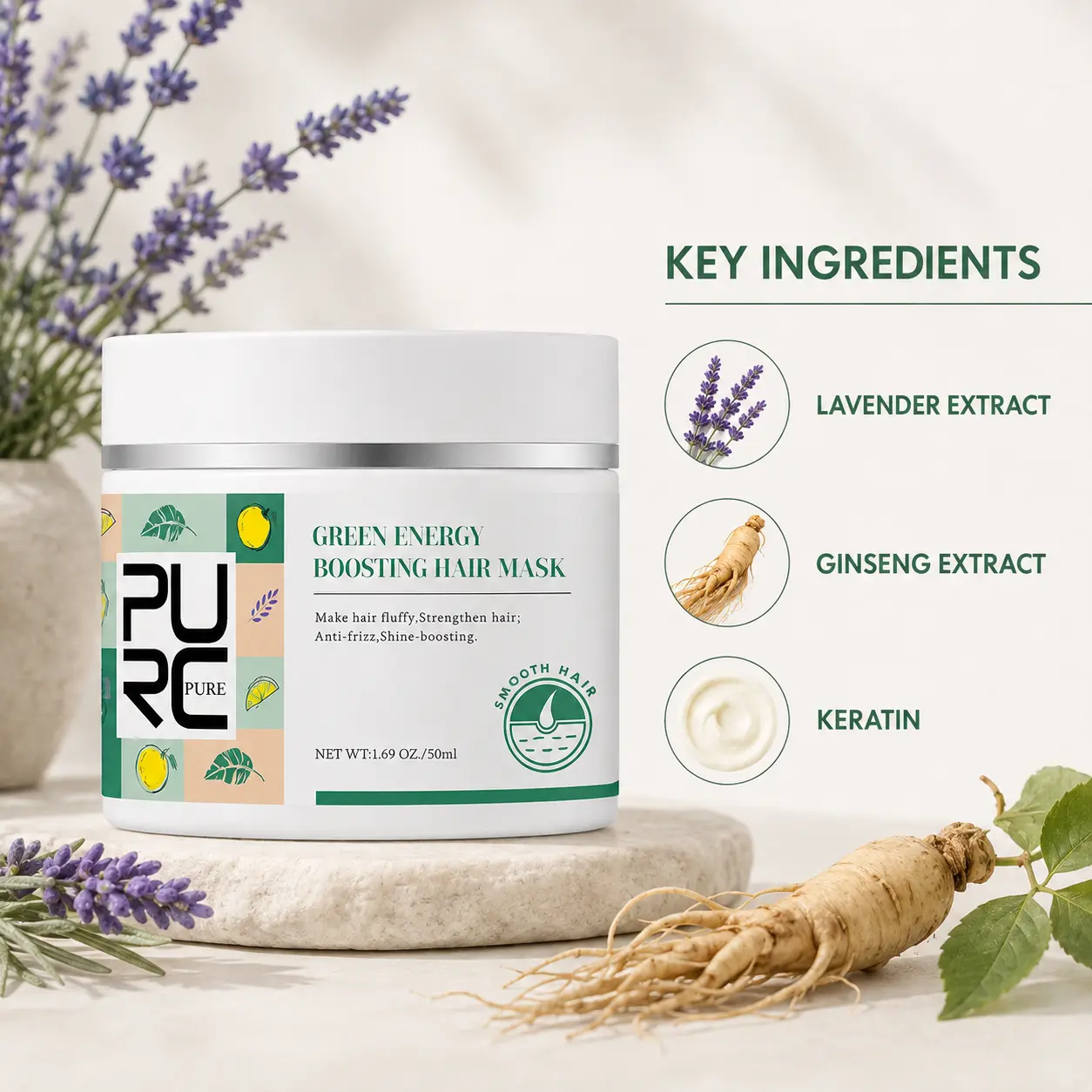 PURC Green Energy Boosting Hair Mask with lavender extract, ginseng extract and keratin