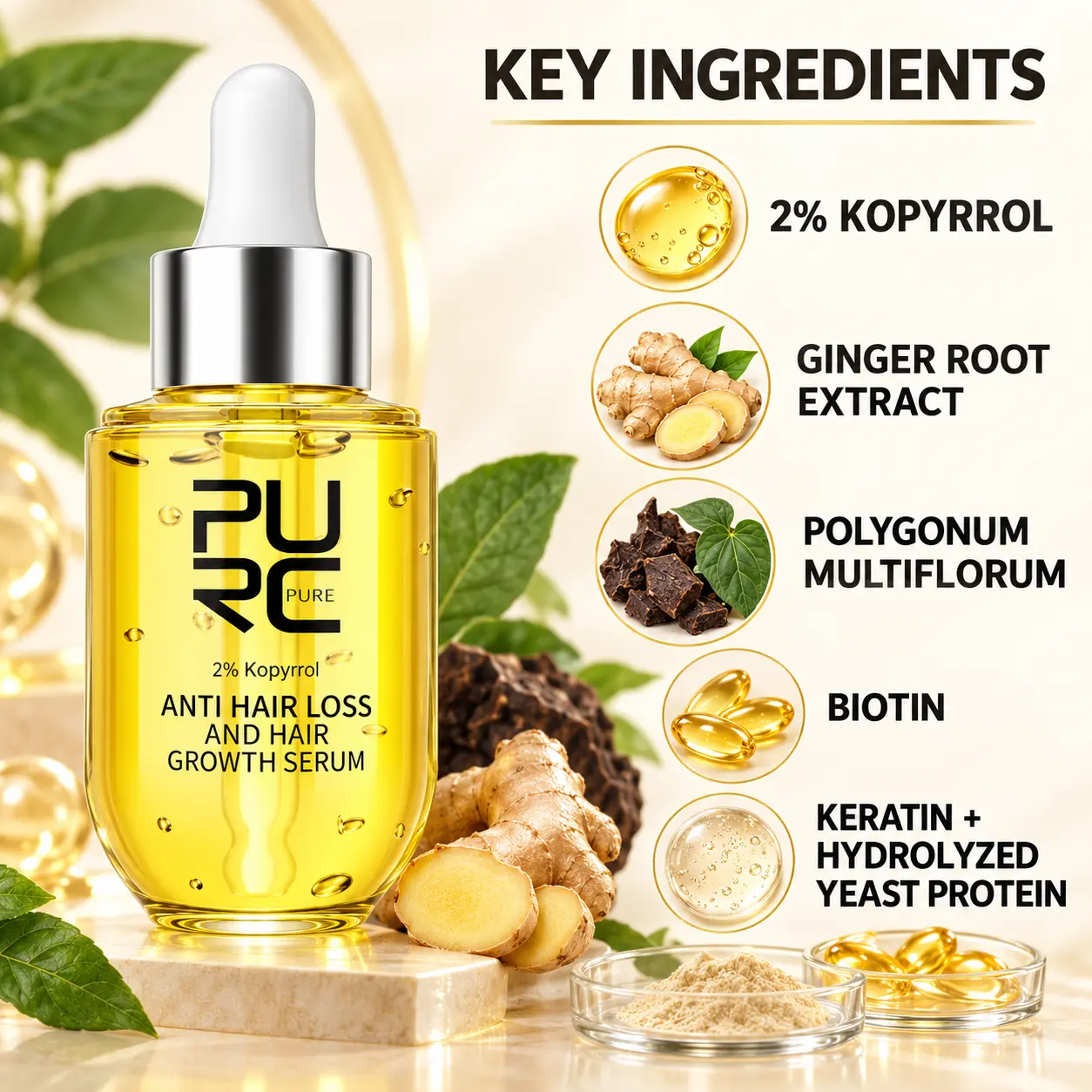 PURC hair growth serum ingredients including 2 percent Kopyrrol ginger Polygonum biotin and proteins
