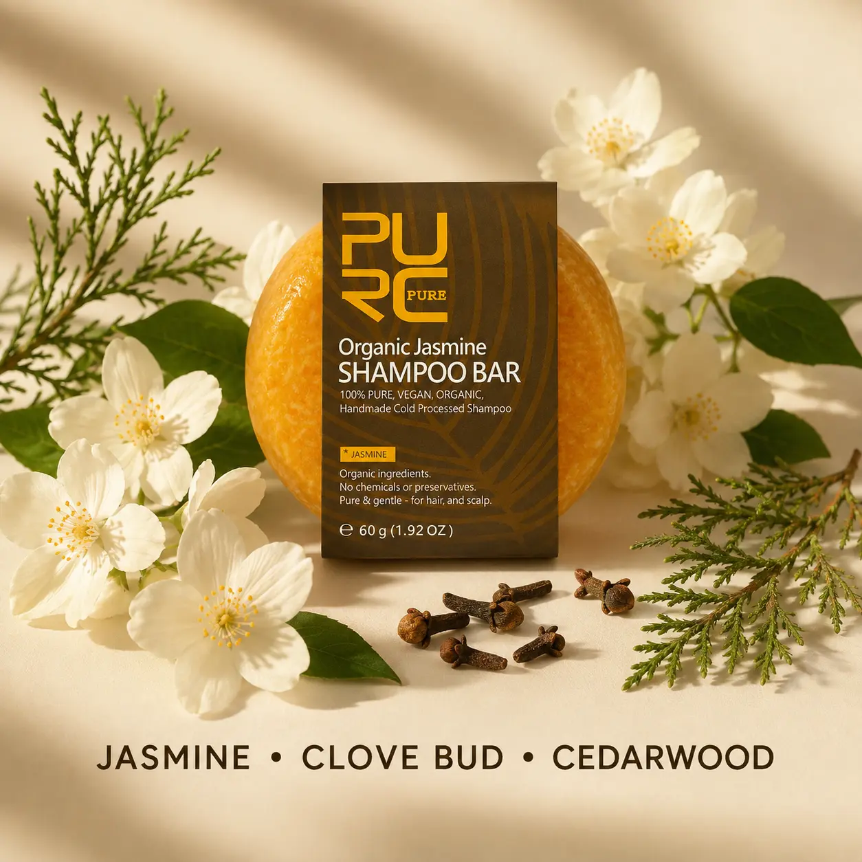 PURC Jasmine Shampoo Bar with jasmine clove bud and cedarwood