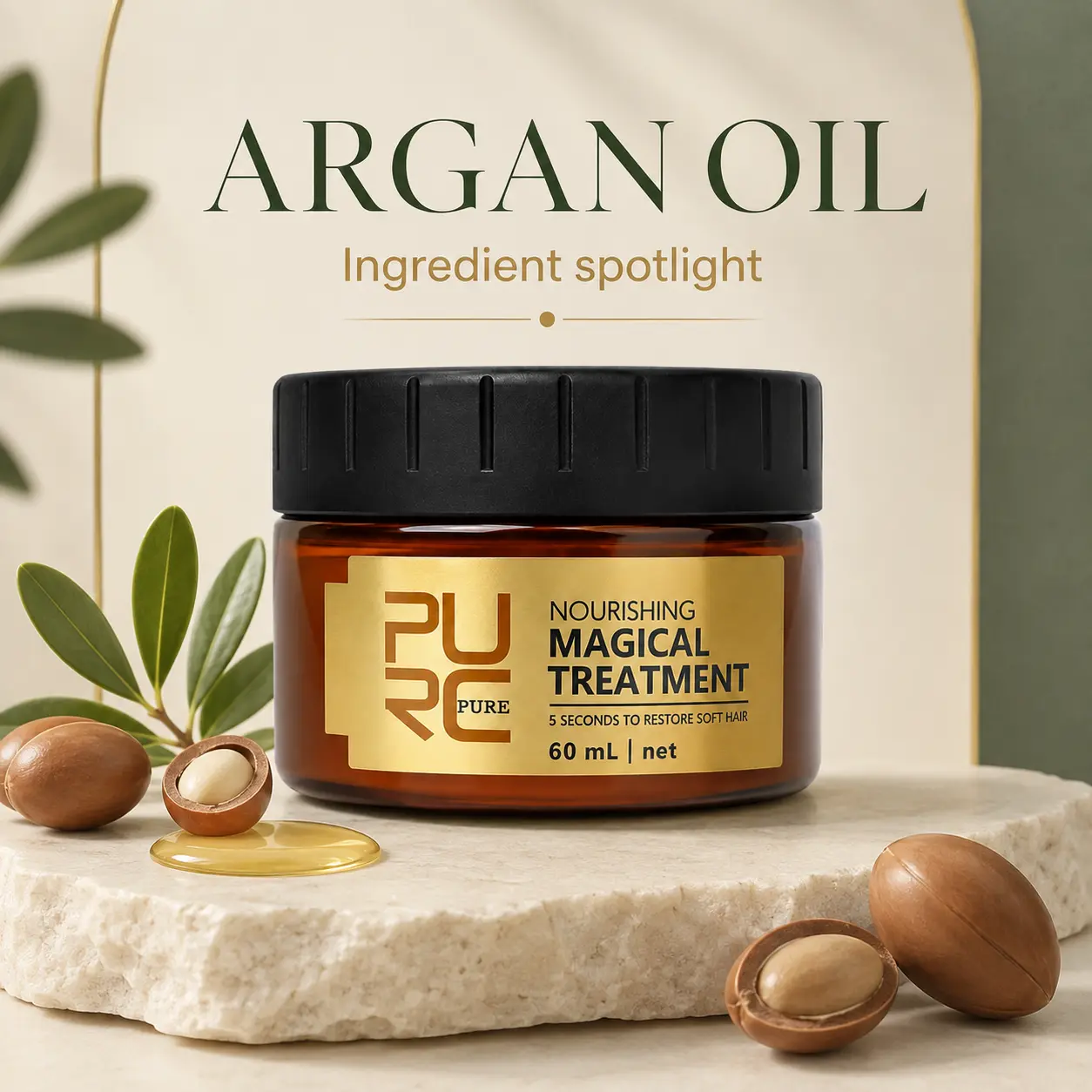 PURC Magical Treatment Hair Mask argan oil ingredient spotlight with golden oil and botanical accents
