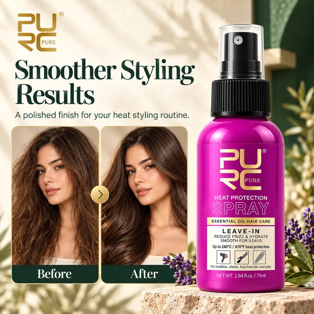 PURC Heat Protection Spray before and after for smoother styling results
