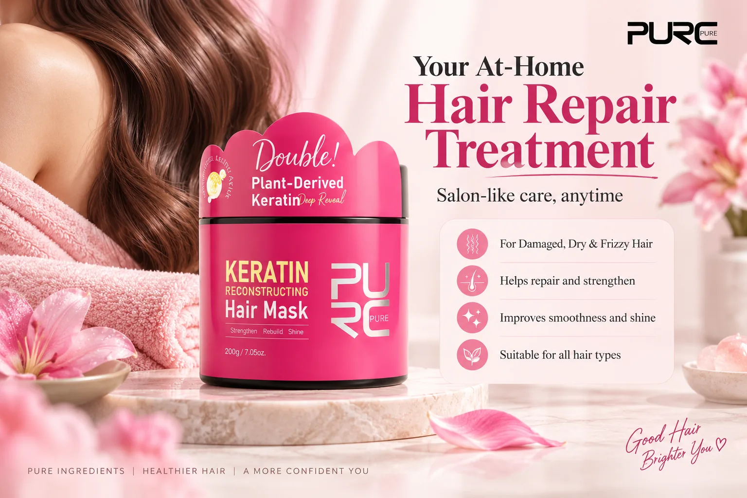 PURC Keratin Reconstructing Hair Mask at home treatment for damaged dry and frizzy hair