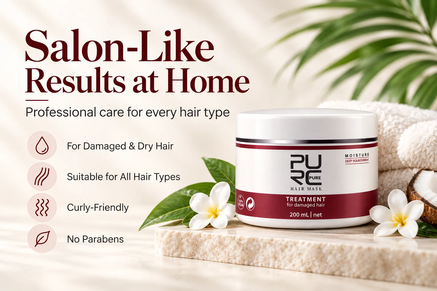 Illustrative before and after appearance of damaged hair with PURC Keratin Treatment Hair Mask