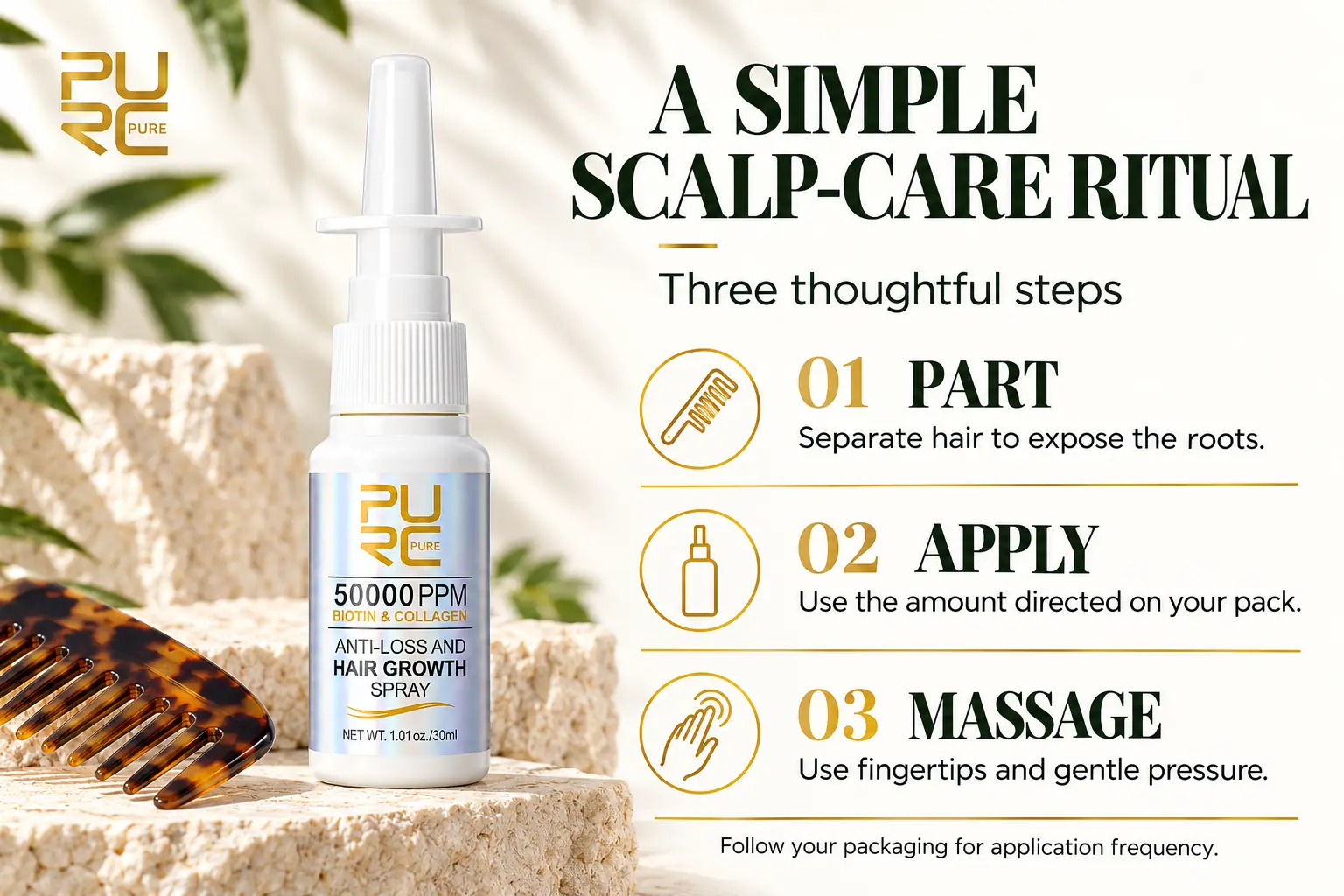 How to use PURC Biotin and Collagen Hair Growth Spray on the scalp