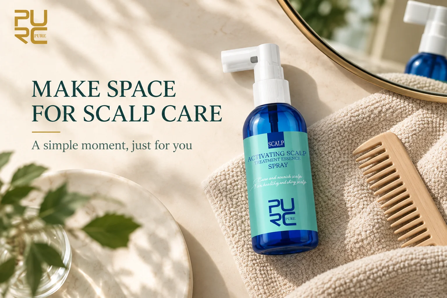 PURC scalp spray with comb and towel for a simple scalp care routine