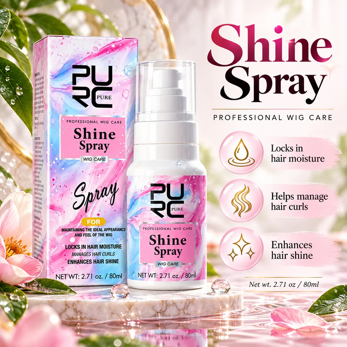 PURC Shine Spray for professional wig care moisture curl control and glossy finish