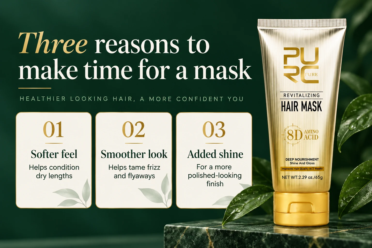 PURC 8D hair mask benefits banner highlighting softer feel, smoother appearance and added shine