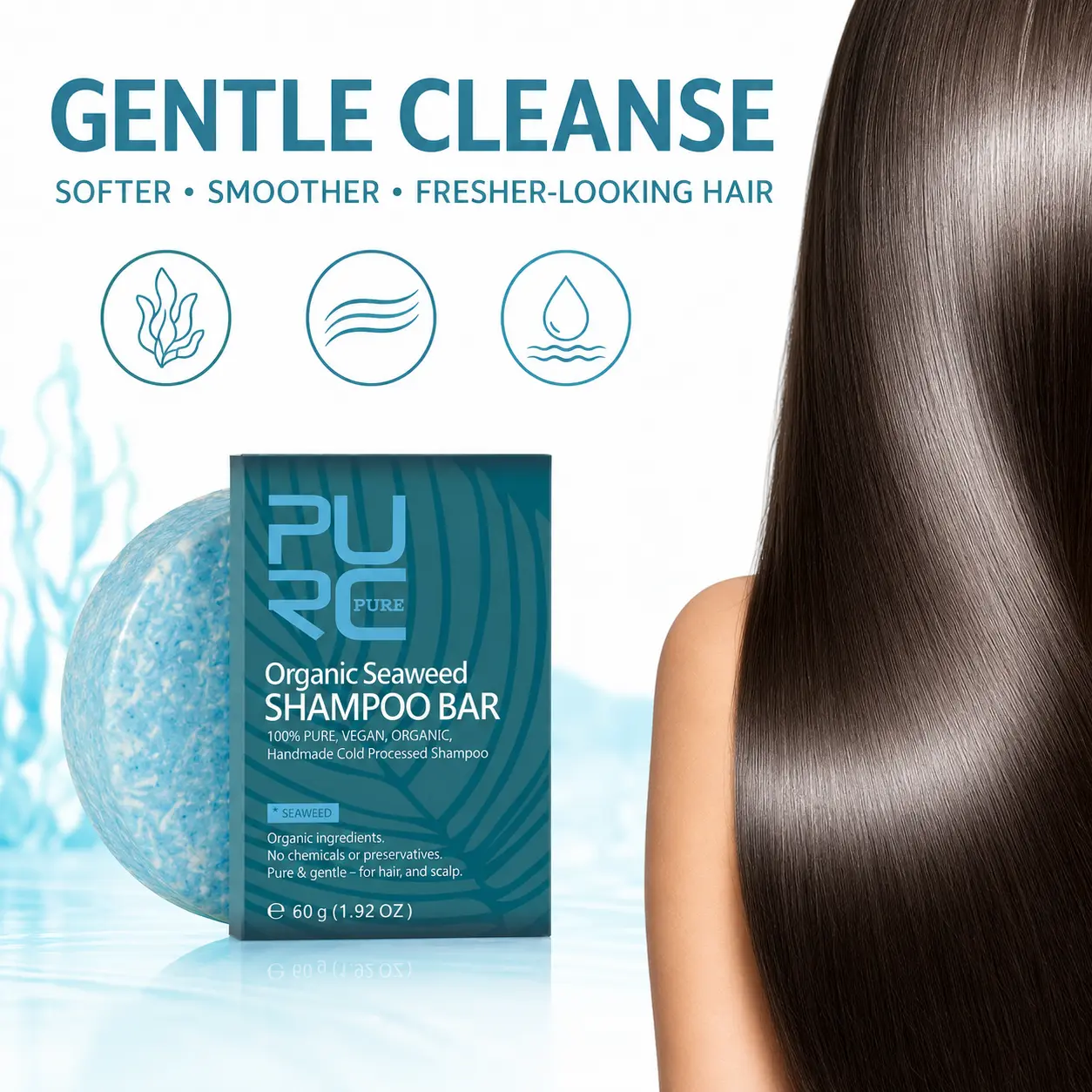 PURC Bio Seaweed Shampoo Bar benefits graphic showing gentle cleansing and smoother-looking hair