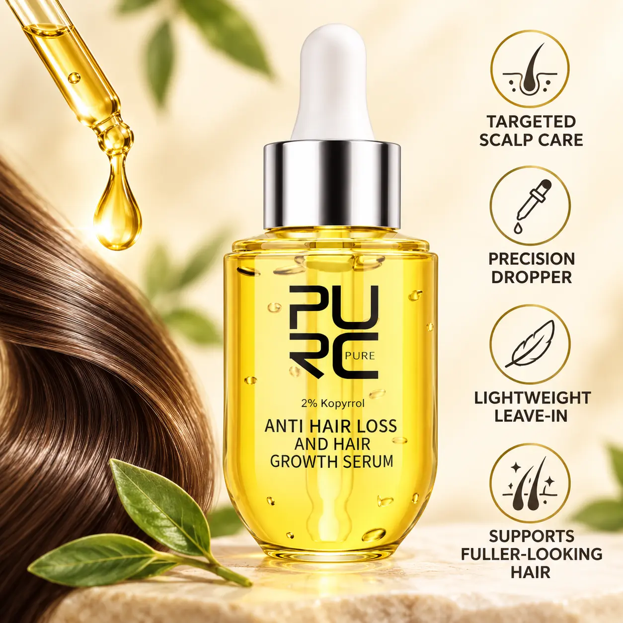 PURC hair growth serum graphic showing targeted scalp care precision dropper and lightweight leave-in use