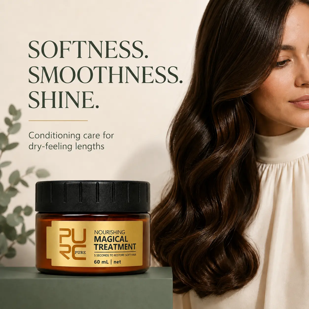 PURC Magical Treatment Hair Mask benefits graphic highlighting softness, smoothness and shine