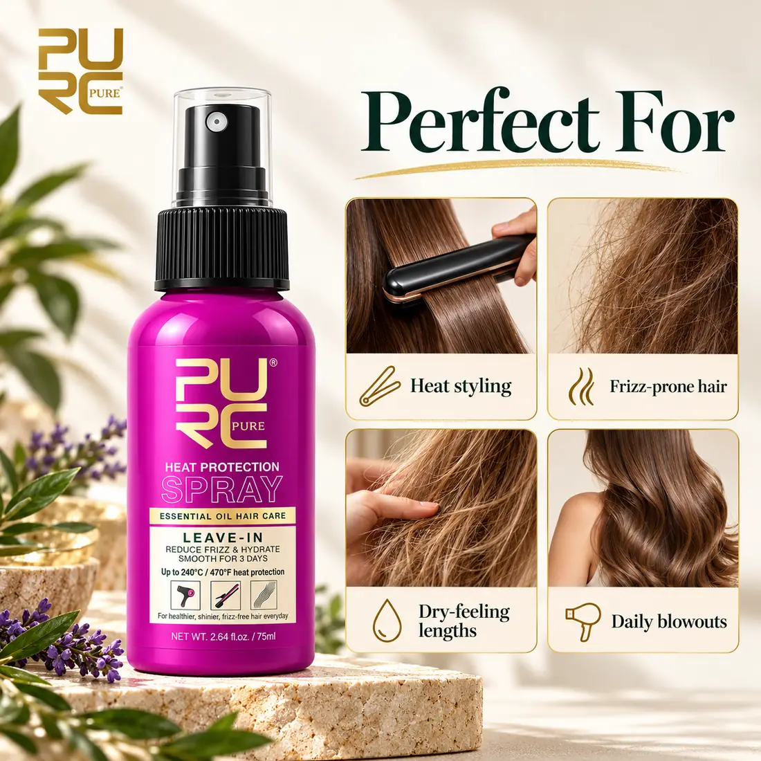 PURC Heat Protection Spray for heat styling frizz-prone and dry-feeling hair
