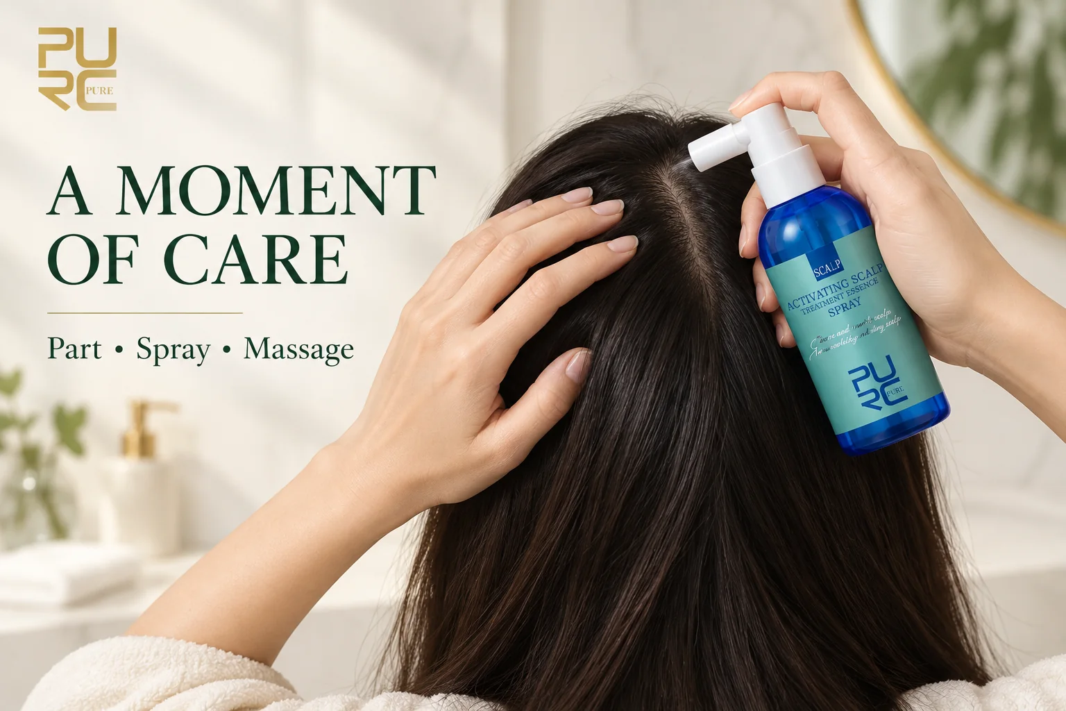 Person applying PURC Activating Scalp Treatment Essence Spray near a hair parting