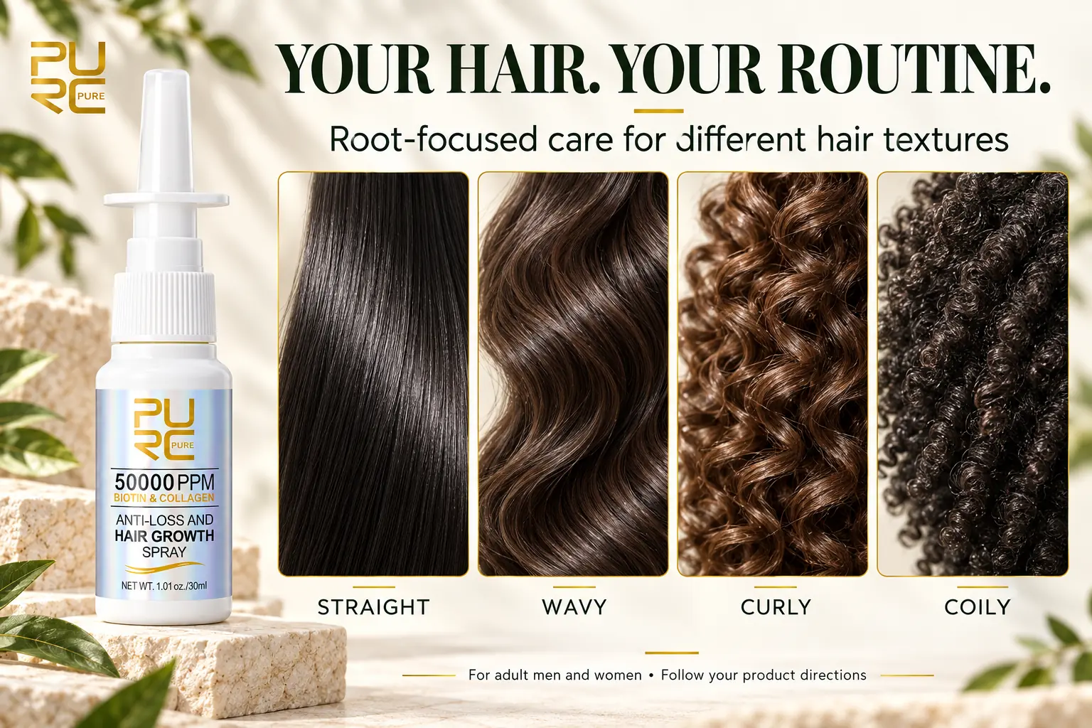 PURC Biotin and Collagen Hair Growth Spray for straight wavy curly and coily hair