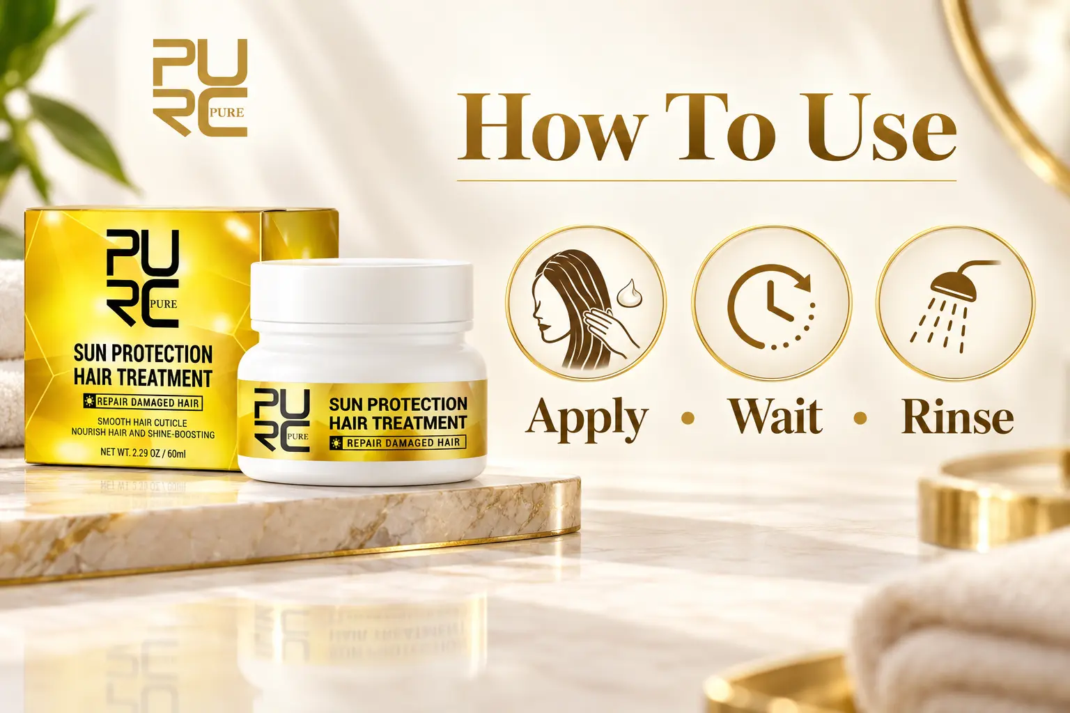 PURC Sun Protection Hair Treatment Mask how to use apply wait rinse banner
