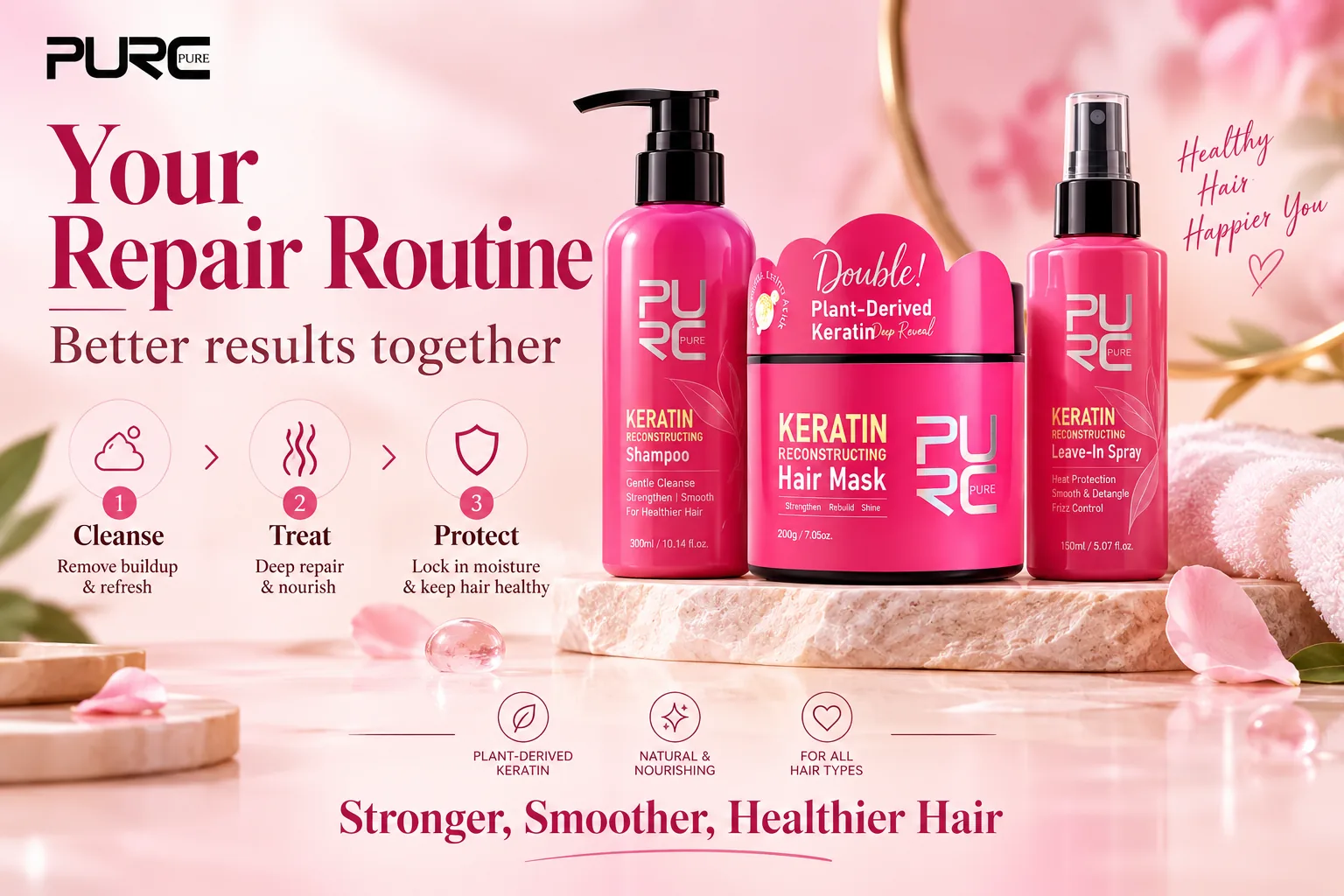 PURC Keratin Hair Mask repair routine for stronger smoother healthier looking hair