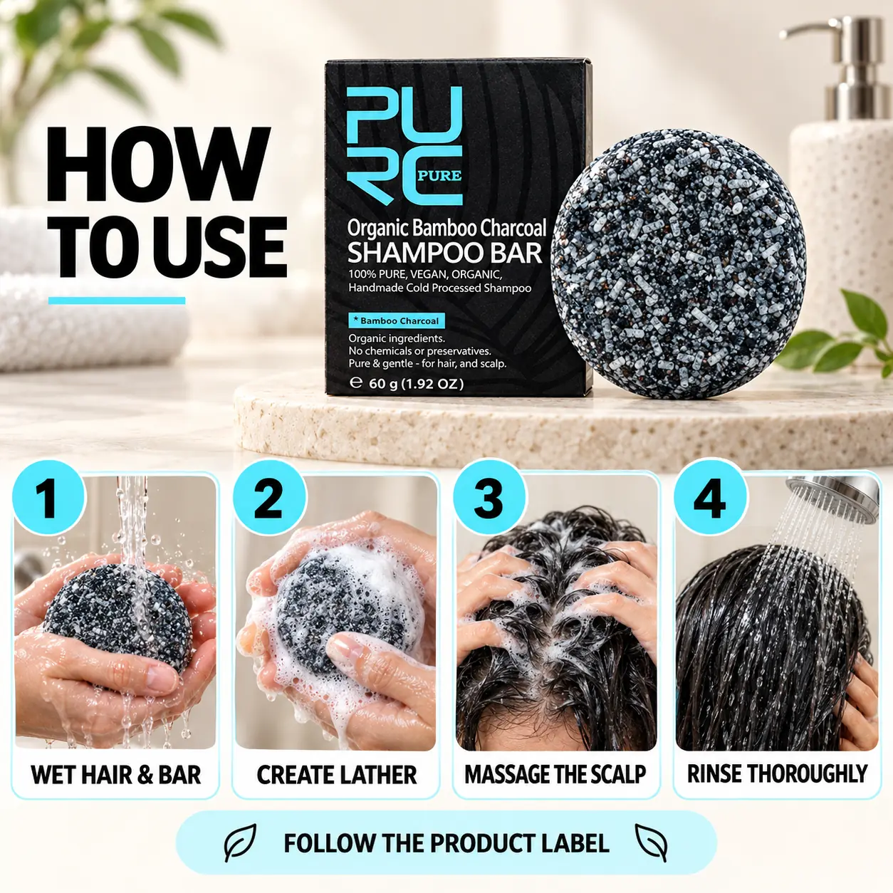 How to use PURC Bamboo Charcoal Shampoo Bar in four simple wash steps