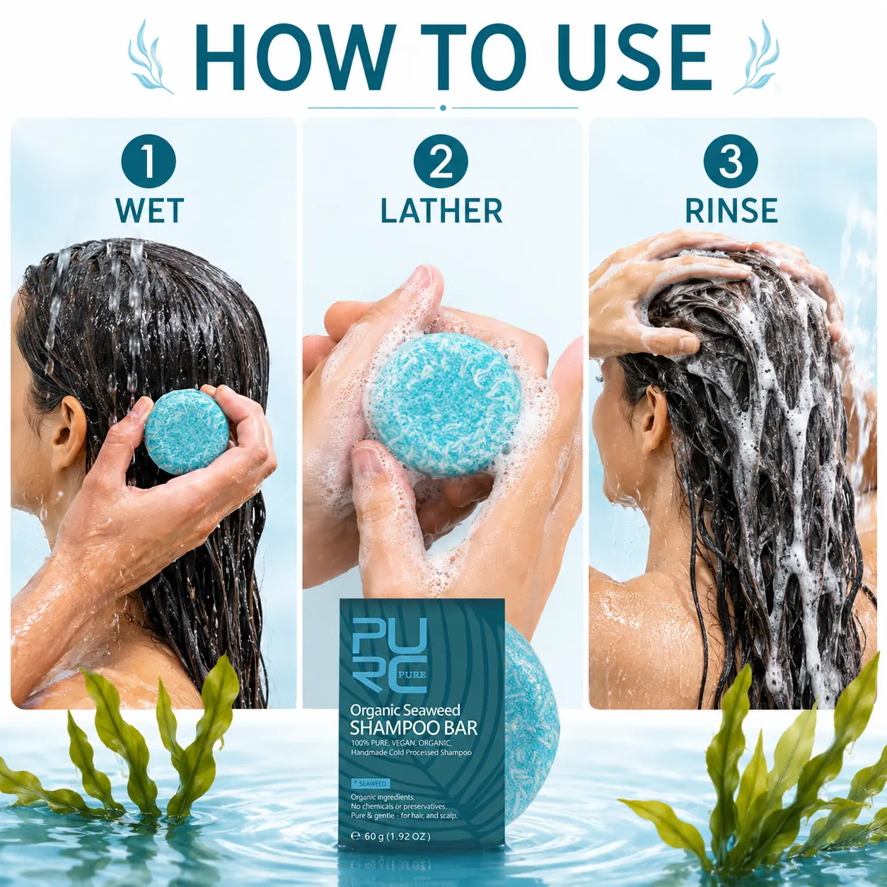 How to use PURC Bio Seaweed Shampoo Bar: wet hair, create lather and rinse thoroughly