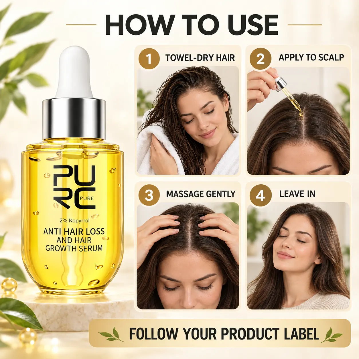 How to use PURC hair growth serum by applying to the scalp and massaging gently