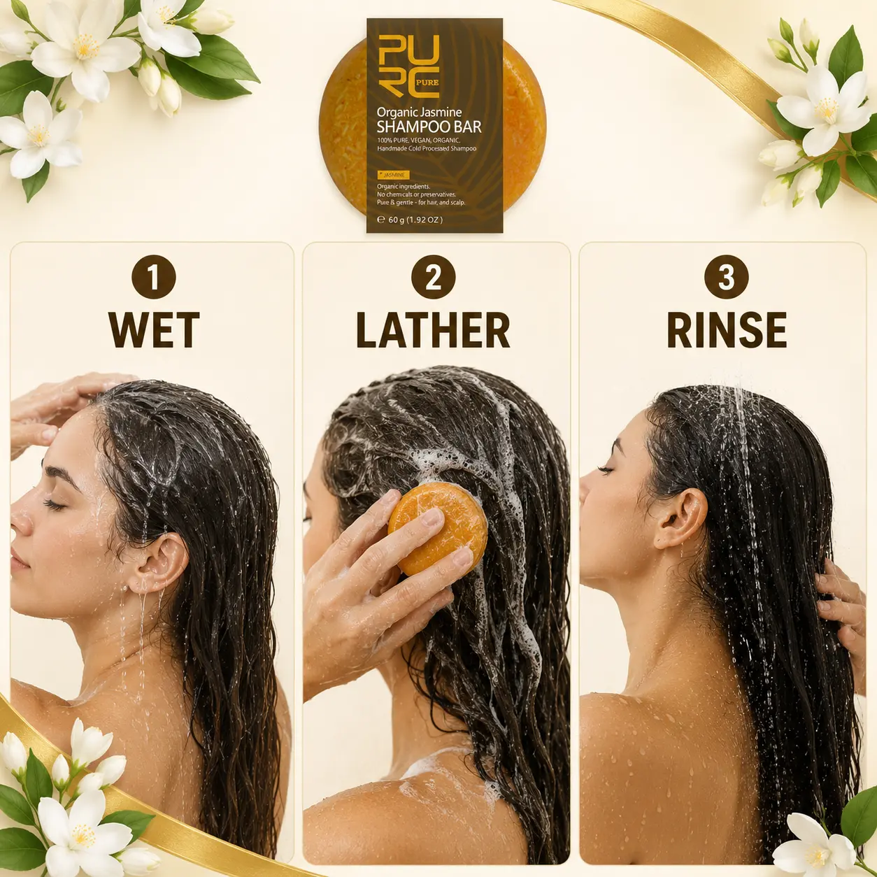 How to use PURC Jasmine Shampoo Bar in three simple steps
