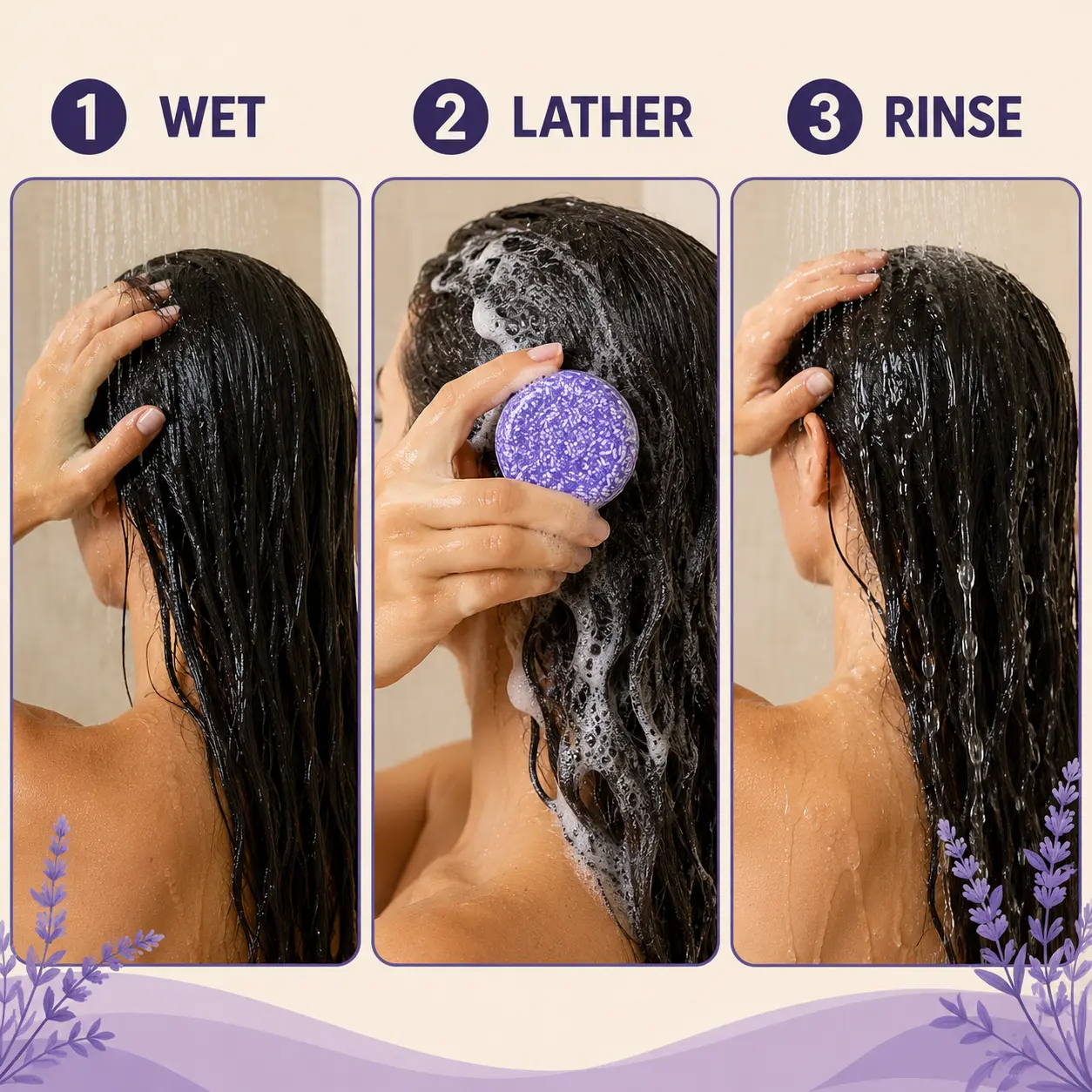 How to use PURC Lavender Shampoo Bar in three simple steps