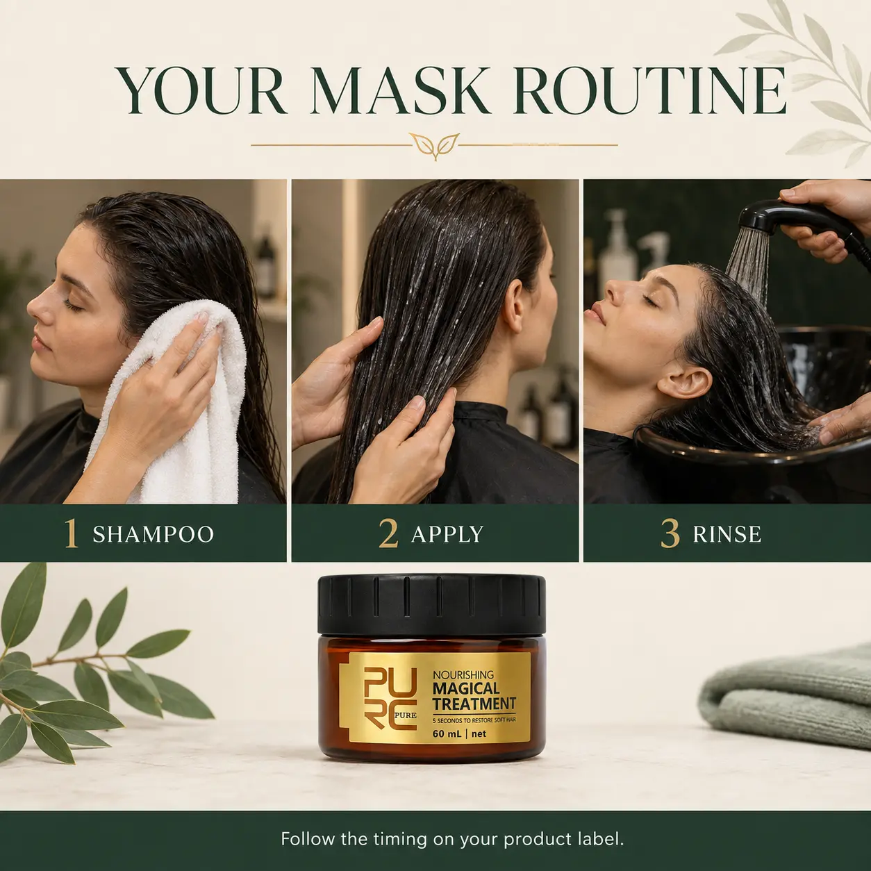 How to use PURC Magical Treatment Hair Mask with shampoo, application and rinsing steps
