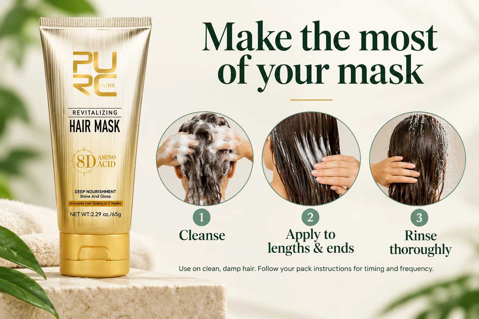 PURC 8D hair mask routine showing cleansing, application to lengths and ends, and rinsing