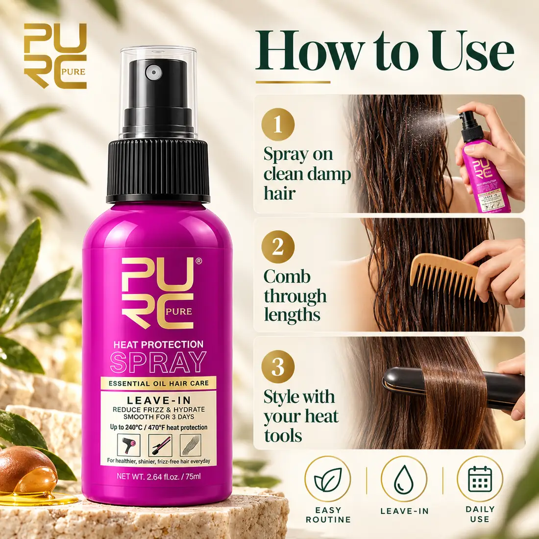 How to use PURC Heat Protection Spray before heat styling