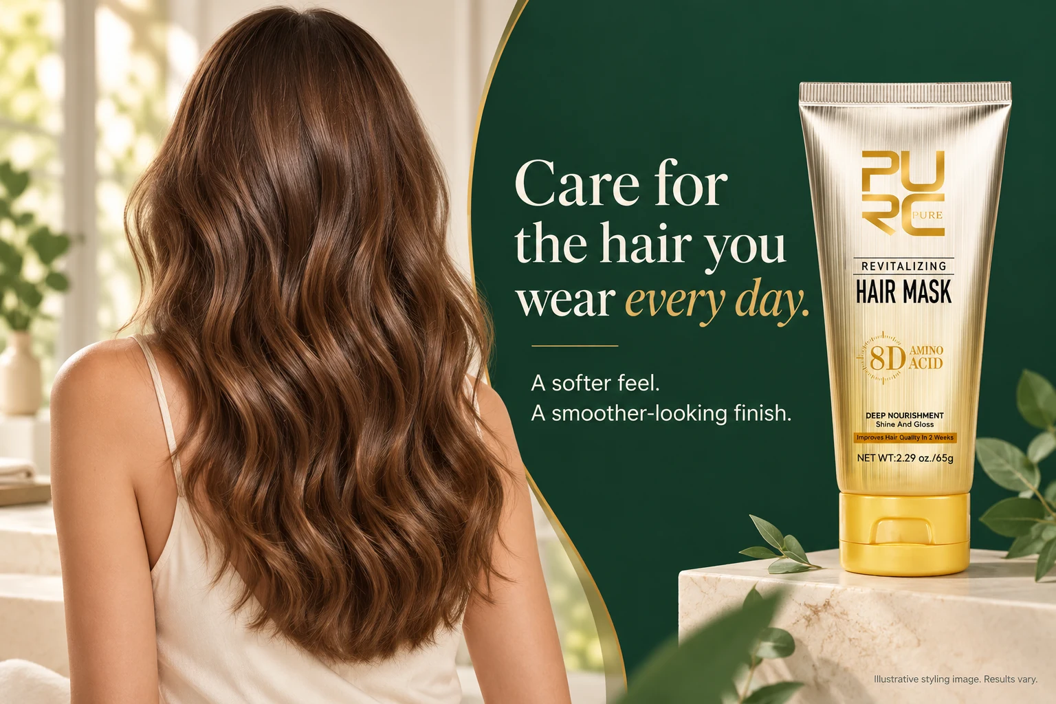 Illustrative model with long wavy brown hair beside PURC 8D Amino Acid Hair Mask