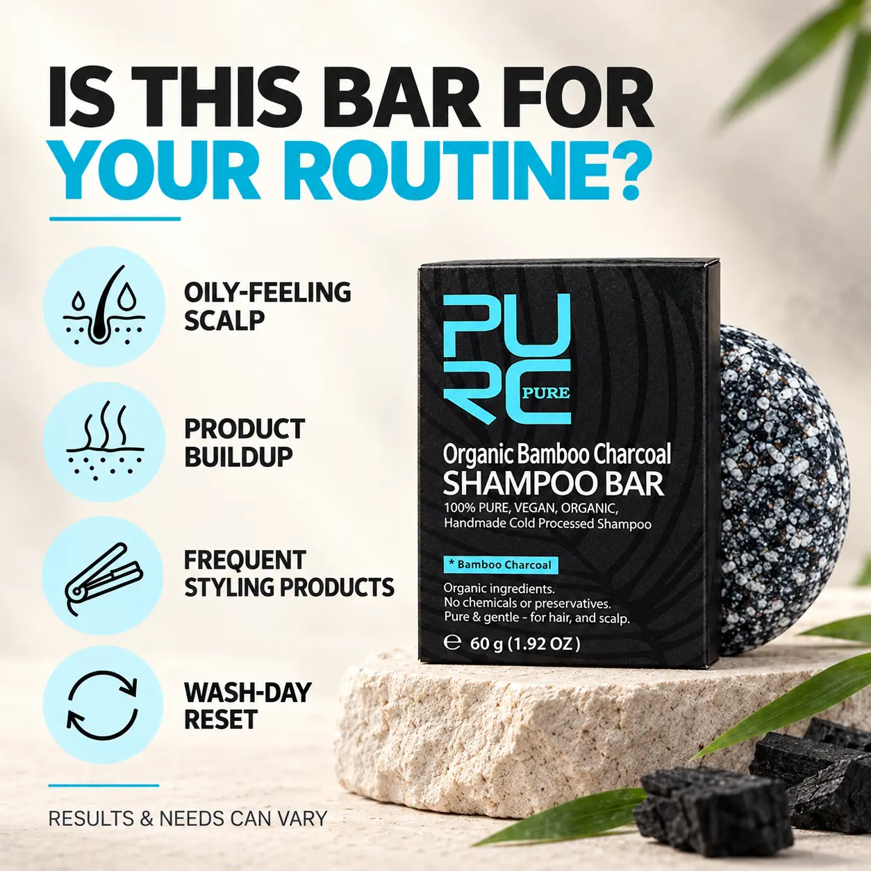 PURC Bamboo Charcoal Shampoo Bar for oily-feeling scalp and product buildup