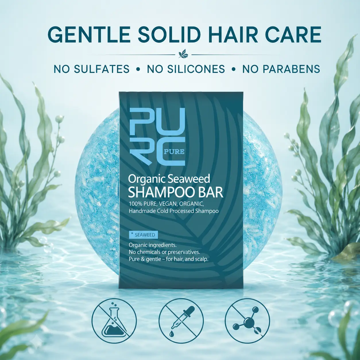 PURC Bio Seaweed Shampoo Bar formula graphic highlighting no sulfates, silicones or parabens