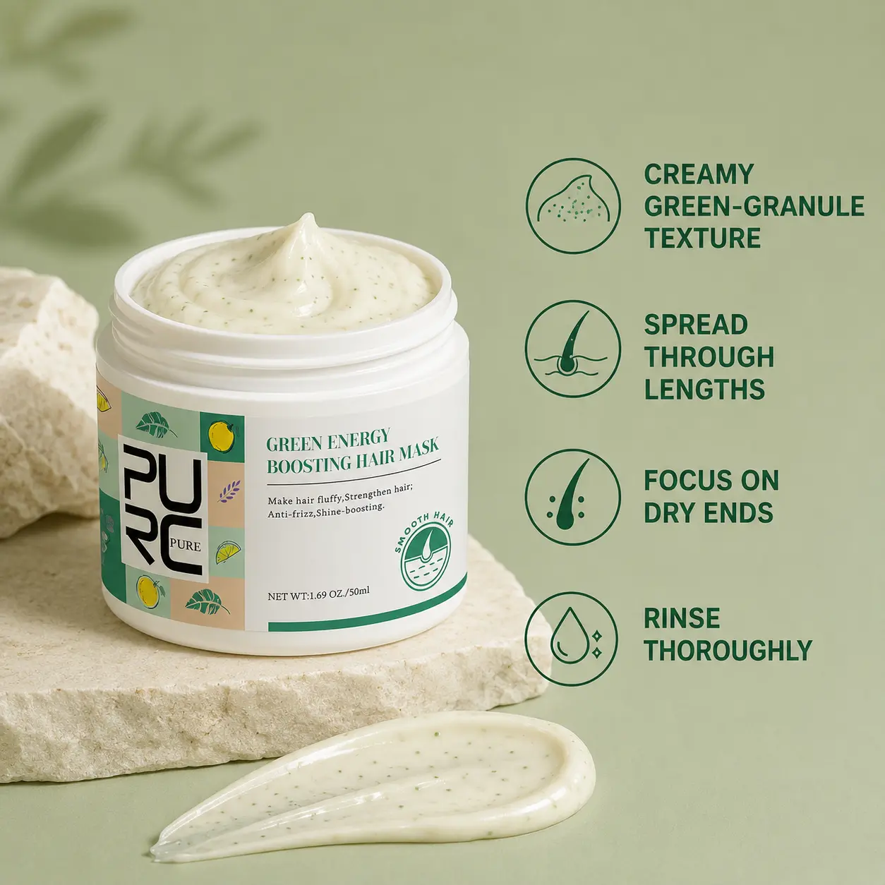 PURC Green Energy Boosting Hair Mask creamy green-granule texture and application guidance