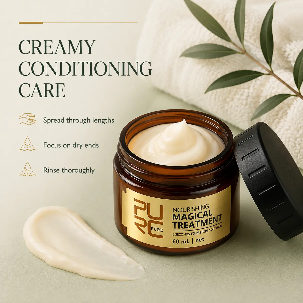 PURC Magical Treatment Hair Mask creamy texture with guidance to apply through lengths and rinse thoroughly