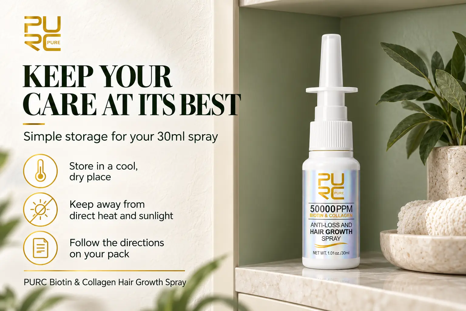 PURC Biotin and Collagen Hair Growth Spray storage and care instructions