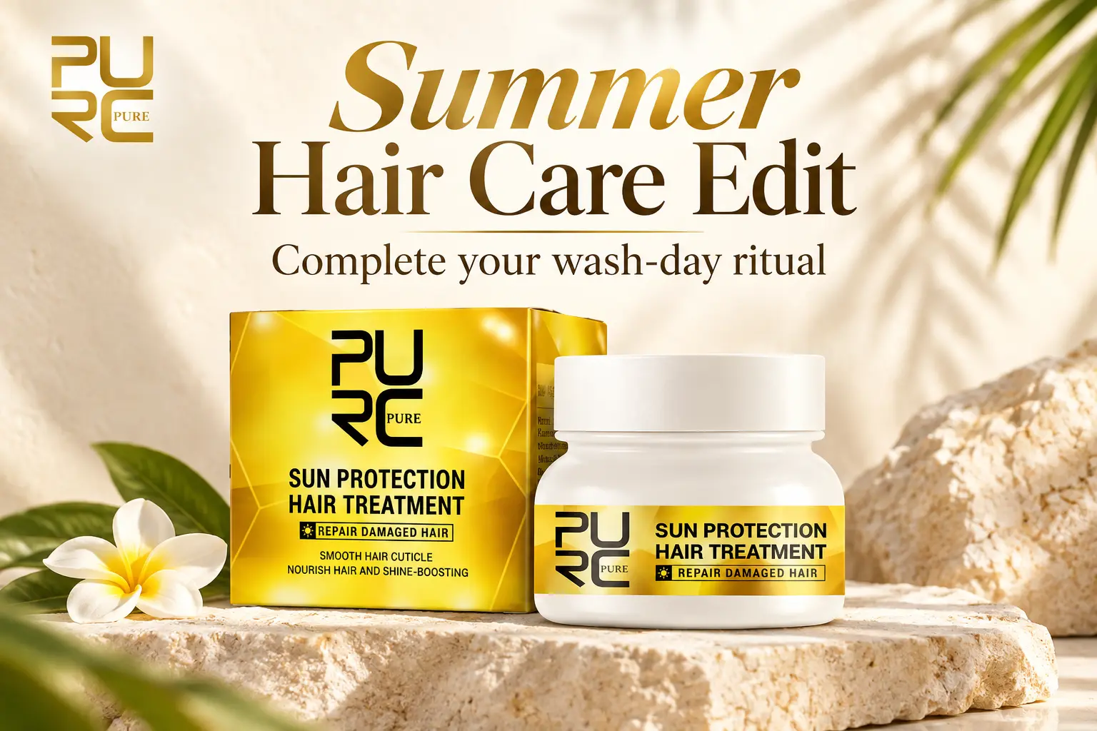 PURC Sun Protection Hair Treatment Mask summer hair care edit with PURCPure logo